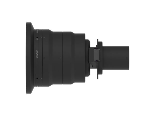 Angled view of a black projector lens with a wide front glass element, precision markings on the barrel, and a mounting bracket at the rear.